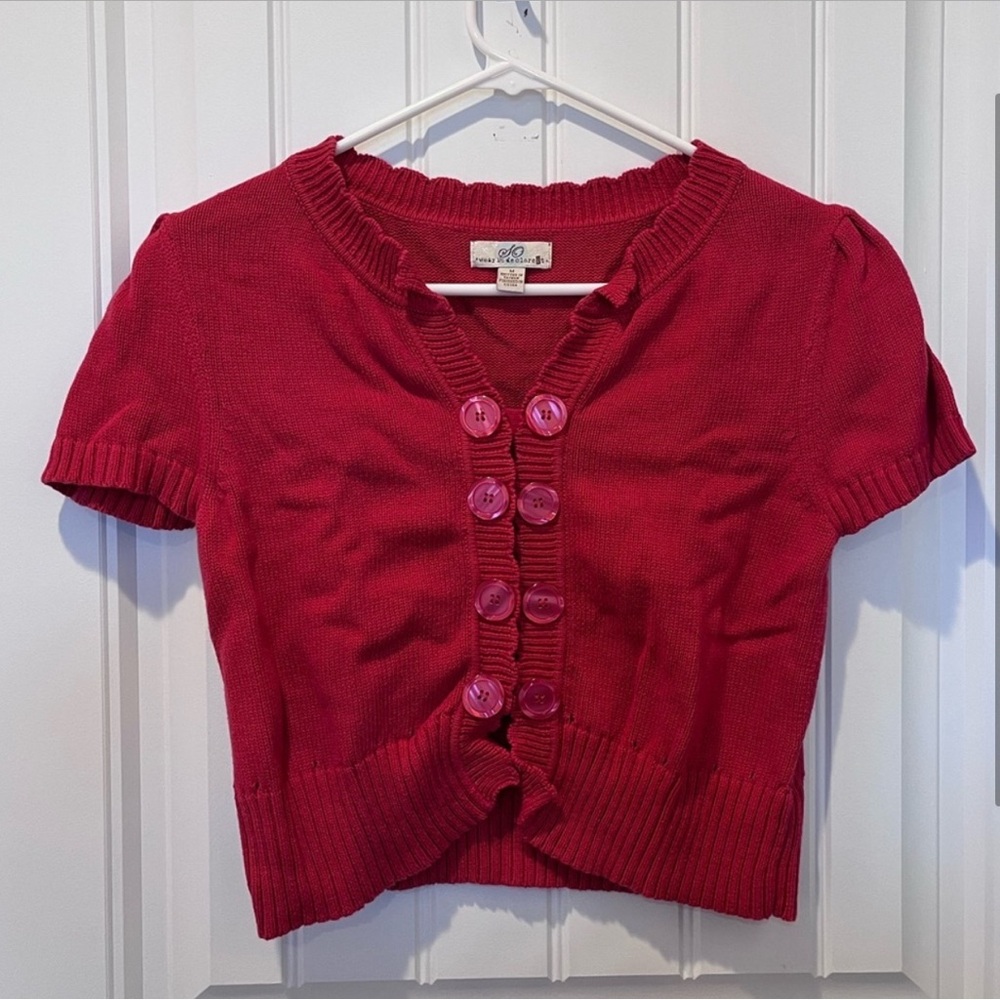 Vintage Wear it Declare it Red Button Up Ruffle Knit Top Twee Preppy Victorian